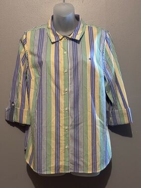 Tommy Hilfiger Striped Button Front Roll Tab Sleeve Blouse
